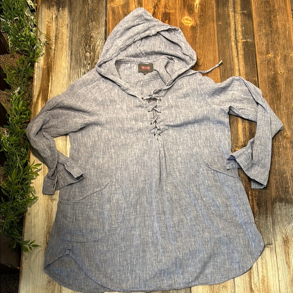 Forcynthia Linen Blue Chambray Hooded Lace-Up Top Sz L